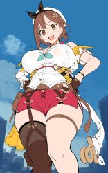 Rule 34 | 1girl, :d, atelier (series), atelier ryza, atelier ryza 2, bare shoulders, belt, black thighhighs, blue sky, bracelet, braid, breasts, brown belt, brown gloves, brown hair, day, detached sleeves, earrings, fang, feet out of frame, female focus, from below, garter straps, gloves, greatmosu, green neckwear, hair ornament, hands on own hips, hat, highres, jewelry, key, key necklace, large breasts, leather belt, looking at viewer, looking down, necklace, o-ring, open mouth, outdoors, red shorts, reisalin stout, see-through, shirt, short shorts, shorts, side braid, single thighhigh, skindentation, sky, sleeveless, sleeveless shirt, smile, solo, standing, sweatdrop, taut clothes, taut shirt, thick thighs, thigh gap, thigh strap, thighhighs, thighs, unfinished, white hat, white shirt