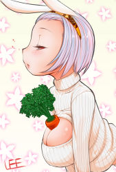 Rule 34 | 1girl, animal ears, between breasts, blush, breasts, rabbit ears, carrot, cleavage, cleavage cutout, clothing cutout, hairband, highres, large breasts, lee (colt), meme attire, open-chest sweater, original, red eyes, ribbed sweater, short hair, silver hair, solo, sweater, turtleneck
