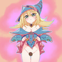 Rule 34 | 1girl, bare shoulders, blonde hair, blush, blush stickers, breasts, censored, cleavage, clothes lift, dark magician girl, duel monster, green eyes, kuriboh, large breasts, long hair, looking at viewer, shirukor18, skirt, skirt lift, solo, yu-gi-oh!