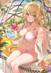 Rule 34 | 1girl, blonde hair, blush, bra, breasts, cleavage, collarbone, feet out of frame, flower, hair ribbon, hanging chair, hibiscus, highres, ice bucket, kanda done, large breasts, lingerie, long hair, navel, off shoulder, original, panties, plant, purple bra, purple eyes, purple panties, red flower, ribbon, rose, see-through, see-through shirt, shirt, sidelocks, sitting, smile, solo, stomach, swept bangs, twintails, underwear, white flower, white ribbon, white rose, white shirt
