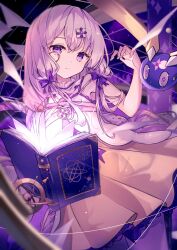 Rule 34 | 1girl, abstract background, arcaea, armillary sphere, bare shoulders, blurry, book, bow, braid, camisole, charon (arcaea), closed mouth, collar, depth of field, dress, expressionless, facing viewer, hair between eyes, hair ornament, highres, jacket, lagrange (arcaea), magic, miyu (miy u1308), monocle, purple bow, purple eyes, purple hair, sidelocks, single braid, twintails, white hair, white jacket, yellow dress