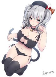 Rule 34 | 10s, 1girl, artist name, bare arms, bare shoulders, bell, beret, black bra, black eyes, black hat, black panties, black thighhighs, blush, bow, bra, breasts, cat ear panties, cat lingerie, cat tail, choker, cleavage, cleavage cutout, clothing cutout, collarbone, commentary request, eyebrows, frilled bra, frills, full body, groin, hat, hat bow, highres, jingle bell, kantai collection, kappipe (brd0520), kashima (kancolle), kemonomimi mode, kneeling, large breasts, looking at viewer, meme attire, midriff, navel, panties, paw pose, pom pom (clothes), ribbon, short hair, side-tie panties, silver hair, simple background, smile, solo, stomach, tail, thighhighs, thighs, two side up, underwear, wavy hair, white background, white ribbon
