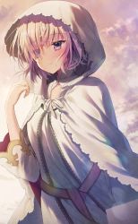 Rule 34 | 1girl, alternate costume, blush, cape, closed mouth, cloud, cloudy sky, commentary request, dress, eyes visible through hair, fate/grand order, fate (series), hair over one eye, hand up, highres, hood, hood up, hooded cape, kuro futoshi, long sleeves, mash kyrielight, pink hair, purple eyes, short hair, sky, smile, solo, upper body, white cape, white dress