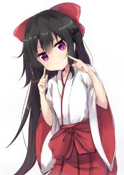 Rule 34 | 1girl, absurdres, amano kouki, black hair, bow, braid, c:, french braid, hair bow, hair ribbon, head tilt, highres, japanese clothes, long hair, looking at viewer, miko, note-chan, original, purple eyes, ribbon, simple background, smile, solo, white background