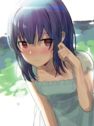 Rule 34 | 1girl, aumann, bad id, bad twitter id, black hair, blush, breasts, brown eyes, closed mouth, collarbone, day, dress, hair between eyes, hand up, highres, idolmaster, idolmaster shiny colors, leaning forward, lens flare, looking at viewer, medium hair, morino rinze, outdoors, rinze, short sleeves, sidelocks, simple background, small breasts, solo, standing, sundress