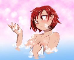 Rule 34 | 1girl, bath, blush, breasts, commentary request, convenient censoring, graphite (medium), hino akane (smile precure!), millipen (medium), onnaski, precure, red eyes, red hair, short hair, small breasts, smile precure!, solo, steam, traditional media, upper body, water, wet