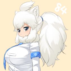 Rule 34 | 1girl, :3, ahoge, alternate hairstyle, animal ear fluff, animal ears, blue necktie, blush, breasts, closed mouth, commentary request, elbow gloves, fur collar, gloves, grey eyes, high ponytail, kemono friends, large breasts, lets0020, lion ears, lion girl, long hair, looking at viewer, looking to the side, medium bangs, necktie, numbered, shirt, short sleeves, simple background, smile, solo, upper body, white gloves, white hair, white lion (kemono friends), white shirt, yellow background