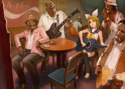 Rule 34 | 1girl, 5boys, acoustic guitar, ashtray, blonde hair, bow, cigarette, coca-cola, dark skin, electric guitar, glasses, guitar, hanji (hansi), harmonica, howlin&#039; wolf, instrument, kagamine rin, laughing, leg warmers, crossed legs, muddy waters, multiple boys, one eye closed, real life, sitting, vocaloid, wink