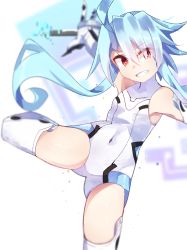Rule 34 | 1girl, ahoge, bare shoulders, blue hair, blush, breasts, elbow gloves, gloves, hair between eyes, highres, holding, holding weapon, leotard, light blue hair, looking at viewer, neptune (series), power symbol, power symbol-shaped pupils, red eyes, shimeji wyvern, short hair with long locks, small breasts, solo, symbol-shaped pupils, thighhighs, weapon, white gloves, white heart (neptunia), white leotard