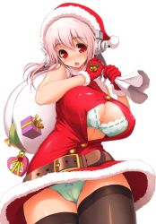 Rule 34 | 1girl, :o, bare shoulders, bell, belt, black thighhighs, blush, bow, bow panties, bra, breasts, bursting breasts, cameltoe, christmas, cleavage, fur trim, gift, gloves, green bra, green panties, hat, headphones, large breasts, lingerie, merry christmas, nitroplus, open clothes, open mouth, panties, pink eyes, pink hair, popped button, red gloves, sack, santa costume, santa hat, solo, straining buttons, super sonico, thighhighs, tsuji santa, underwear