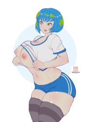 Rule 34 | 1girl, blue hair, bokuman, breasts, breasts out, curvy, earth-chan, green eyes, green hair, highres, huge breasts, multicolored hair, navel, nipples, open mouth, original, short hair, solo, thick thighs, thighhighs, thighs