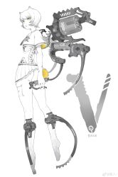 Rule 34 | 1girl, arrow (symbol), ass, closed mouth, clothes writing, crop top, cropped shirt, cyborg, dated, expressionless, fingernails, from behind, full body, highres, holding, liren44, looking at viewer, machine, mechanical legs, mechanical spine, metal, miniskirt, monochrome, original, pleated skirt, roman numeral, sailor collar, science fiction, shirt, short hair, short sleeves, skirt, solo, spot color, turning head, weibo logo, weibo username, yellow eyes