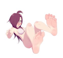 Rule 34 | 1girl, ahoge, barefoot, blush, character request, feet, foot focus, hair over one eye, highres, long hair, maidforge, open mouth, purple hair, simple background, soles, solo, toes, underwear, underwear only, white background