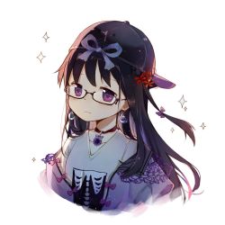 Rule 34 | 1girl, akemi homura, backwards hat, black hair, bow, bowtie, collarbone, earrings, flower, glasses, hair flower, hair ornament, hat, jewelry, long hair, looking at viewer, mahou shoujo madoka magica, mahou shoujo madoka magica (anime), necklace, purple eyes, ribbon, shirt, simple background, siren (jzy601306223), skeleton print, solo, sparkle, spider lily, t-shirt, white background