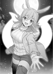 Rule 34 | 1girl, :d, alternate costume, blush, boots, breasts, casual, cloud, commentary request, fate/grand order, fate (series), full moon, greyscale, hair ornament, head wings, hildr (fate), jacket, looking at viewer, medium breasts, medium hair, monochrome, moon, night, night sky, open clothes, open jacket, open mouth, outstretched hand, ribbed sweater, shorts, sky, smile, solo, sweater, thigh boots, thighhighs, turtleneck, turtleneck sweater, valkyrie (fate), wings, yamoge