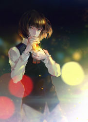 Rule 34 | 1boy, black background, black vest, brown hair, brown pants, buttons, collared shirt, cowboy shot, gradient background, grey background, grey eyes, highres, holding, kyuuba melo, lighter, long sleeves, looking at viewer, male focus, pants, shirt, short hair, solo, tokyo ghoul, ui koori, vest, white shirt