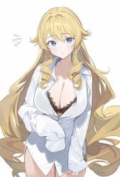 Rule 34 | 1girl, alternate costume, black bra, blonde hair, blue eyes, blush, bra, breasts, cleavage, collared shirt, commentary, drill hair, drill sidelocks, genshin impact, hair flaps, highres, large breasts, long hair, long sleeves, looking at viewer, navia (genshin impact), no pants, notice lines, shirt, sidelocks, simple background, sleeves past fingers, sleeves past wrists, solo, soybean (hisoybean), underwear, upper body, very long hair, wavy hair, white background, white shirt
