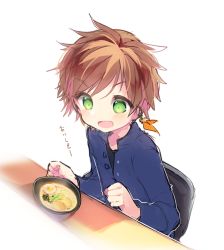 Rule 34 | 10s, 1boy, blush, brown hair, earrings, feathers, food, green eyes, jewelry, male focus, name (oiuio), noodles, open mouth, ramen, short hair, smile, solo, sorey (tales), tales of (series), tales of zestiria