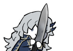 Rule 34 | 1boy, argalia (project moon), ascot, blue cape, blue coat, cape, chibi, coat, collared cape, gold trim, holding, holding knife, holding weapon, horns, knife, library of ruina, long hair, long sleeves, meme, photo-referenced, project moon, simple background, smoke (killscreen s), solo, very long hair, weapon, white ascot, white background, white hair