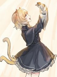Rule 34 | 1235 (1 2 3 5shiganai), 1girl, animal, animal ears, arknights, black dress, cat, cat ears, cat girl, cat tail, commentary, cowboy shot, dress, frilled dress, frills, green eyes, happy, highres, holding, holding animal, lifting animal, looking at animal, mousse (arknights), multiple tails, one-hour drawing challenge, open mouth, orange hair, short hair, solo, standing, tail, two tails