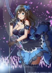 Rule 34 | 1girl, absurdres, black gloves, black hair, blue eyes, blue flower, blue rose, breasts, collar, concert, copyright name, dress, earrings, flower, gloves, glowstick, hair between eyes, hair flower, hair ornament, hairband, highres, idolmaster, idolmaster cinderella girls, idolmaster cinderella girls starlight stage, jewelry, large breasts, microphone, microphone stand, music, necklace, northman, open mouth, rose, sagisawa fumika, singing, solo, strapless, strapless dress, thighhighs, wind, wind lift