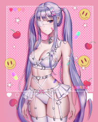 Rule 34 | 1girl, absurdres, arms at sides, bandaid, bandaid on face, bow, bra, breasts, cherry, cleavage, collar, dotted background, ear piercing, earrings, eyepatch, food, framed, fruit, garter belt, hair ornament, heart, hello kitty, highres, instagram, jademoon, jewelry, lock, long hair, looking at viewer, medium breasts, mole, mole under eye, navel, original, panties, piercing, pink background, pink bow, purple eyes, purple hair, sanrio, skindentation, smiley face, solo, star (symbol), thighhighs, twintails, underwear, underwear only, very long hair, white bra, white panties, white thighhighs