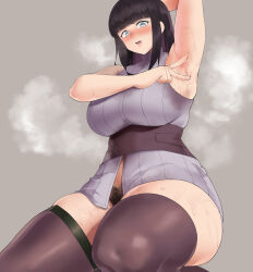 Rule 34 | 1girl, absurdres, arm up, armpit lips, armpits, black hair, blunt bangs, blush, bottomless, breasts, female pubic hair, highres, hyuuga hinata, large breasts, long hair, naruto: the last, naruto (series), open mouth, pubic hair, simple background, sleeveless, solo, steaming body, sweat, thighhighs, turtleneck, yotamono