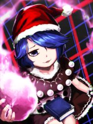 Rule 34 | 1girl, :3, bad id, bad pixiv id, blue eyes, blue hair, book, doremy sweet, eyebrows, flower, frilled sleeves, frills, from above, fur trim, glowing, hair over one eye, hat, highres, looking at viewer, matching hair/eyes, mo ne, nightcap, pom pom (clothes), shirt, short hair, sitting, skirt, skirt set, smile, solo, swept bangs, touhou, upper body