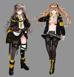 Rule 34 | 2girls, black footwear, black jacket, black panties, black pantyhose, black skirt, blush, boots, breasts, brown eyes, brown hair, closed mouth, clothes lift, full body, girls&#039; frontline, grey background, grey skirt, hair ornament, hairclip, hand on own chest, highres, jacket, long hair, looking at viewer, mechanical arms, medium breasts, multiple girls, necktie, one eye closed, open clothes, open jacket, open mouth, open shirt, paaam, panties, panties under pantyhose, pantyhose, scar, scar across eye, scar on face, shirt, side ponytail, single mechanical arm, single thighhigh, skirt, skirt lift, small breasts, smile, standing, thighhighs, twintails, ump45 (girls&#039; frontline), ump45 (mod3) (girls&#039; frontline), ump9 (girls&#039; frontline), underwear, white shirt, yellow necktie, yellow panties