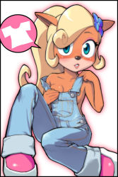 Rule 34 | 1girl, blonde hair, blue eyes, breasts, cleavage, coco bandicoot, crash bandicoot (series), female focus, furry, looking at viewer, naked overalls, overalls, pey, ponytail, sitting, solo, topless