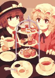 Rule 34 | 2girls, black headwear, black jacket, blonde hair, breasts, cake, cake slice, closed mouth, collared dress, collared shirt, cup, dress, fedora, food, hat, hat ribbon, highres, holding, holding cup, jacket, long sleeves, looking at object, maribel hearn, medium breasts, multiple girls, neck ribbon, necktie, open mouth, pink dress, pixel art, plate, red necktie, ribbon, shirt, short hair, smile, spoon, sweets, table, tea, teacup, tiered tray, touhou, usami renko, wasabisuke, white ribbon, white shirt