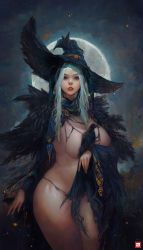 Rule 34 | 1girl, absurdres, animal, animal on chest, bird, black feathers, breasts, crow, dark nipples, feathers, full moon, hair in own mouth, hat, highres, inverted nipples, large breasts, long hair, looking at viewer, moon, night, night sky, nipples, original, panties, phungdinhdung, red eyes, revealing clothes, sky, solo, standing, string panties, underwear, white hair, witch, witch hat