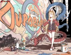 Rule 34 | 10s, 1girl, alternate costume, blonde hair, blunt bangs, cagliostro (granblue fantasy), chain, circle a, city, colorized, contemporary, gloves, graffiti, granblue fantasy, hairband, hood, hoodie, long hair, ouroboros (granblue fantasy), outdoors, purple eyes, shoes, shorts, sneakers, solo, spray can, standing, very long hair