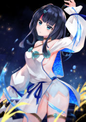 Rule 34 | 1girl, arm behind head, arm up, armpits, bare shoulders, black hair, blue eyes, blue ribbon, blush, breasts, cleavage, collarbone, dress, fate/grand order, fate/requiem, fate (series), fundoshi, highres, japanese clothes, jewelry, long sleeves, looking at viewer, magatama, magatama hair ornament, medium breasts, medium hair, multicolored hair, necklace, nekoha gc, night, night sky, parted lips, pelvic curtain, pink hair, polearm, puffy long sleeves, puffy sleeves, ribbon, seigaiha, short dress, sideboob, sideless outfit, sky, solo, spear, streaked hair, thighs, utsumi erice, wading, water, water drop, weapon, white dress