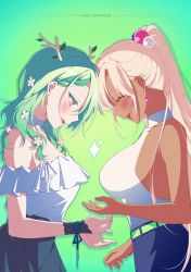Rule 34 | 2girls, bare arms, bare shoulders, binishu, blonde hair, blush, braid, branch, breasts, ceres fauna, choker, closed eyes, earrings, flower, forehead-to-forehead, frills, green background, green hair, hair flower, hair ornament, heads together, highres, hololive, hololive english, horns, jewelry, large breasts, leaf, looking down, medium breasts, multiple girls, open mouth, ponytail, smile, standing, straight hair, tsukumo sana, virtual youtuber, wavy hair, yellow eyes