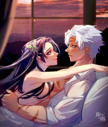 Rule 34 | 1boy, 1girl, blurry, blush, butterfly hair ornament, clothed male nude female, couple, curtains, depth of field, eye contact, eyelashes, from side, girl on top, hair ornament, hetero, highres, indoors, kimetsu no yaiba, kochou kanae, leaning forward, leaning on person, light particles, long hair, looking at another, lying, musuamnesia, nude, on back, on bed, on stomach, open clothes, open shirt, outstretched arms, parted lips, pillow, profile, purple eyes, purple hair, reclining, scar, scar on arm, scar on face, scar on forehead, scar on nose, shinazugawa sanemi, shirt, sleeves rolled up, smile, sweatdrop, upper body, white hair, white shirt, window