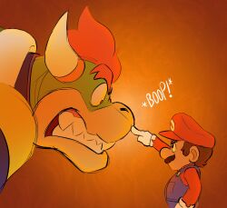 Rule 34 | 2boys, angry, blue eyes, bowser, face-to-face, facial hair, finger to mouth, gloves, hat, highres, horns, male focus, mario, mario (series), multiple boys, mustache, nintendo, overalls, red hair, standing, the super mario bros. movie, worried