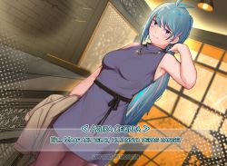 Rule 34 | 1girl, armpit peek, azura cecillia, belt, black belt, black pantyhose, blue hair, breasts, brown jacket, dress, grey dress, highres, holding, holding clothes, holding jacket, indonesian commentary, indonesian text, iroha mato, jacket, unworn jacket, jewelry, long hair, looking to the side, medium breasts, multicolored hair, necklace, nijisanji, nijisanji id, pantyhose, pink hair, ponytail, solo, streaked hair, sweat, virtual youtuber