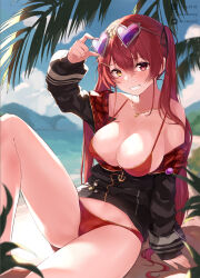 Rule 34 | 1girl, areola slip, bare shoulders, beach, bikini, bikini under clothes, black jacket, black ribbon, blush, breasts, cleavage, collarbone, eyewear on head, grin, hair ribbon, halterneck, heart, heart-shaped eyewear, heart necklace, heterochromia, hololive, houshou marine, houshou marine (summer), jacket, jewelry, large breasts, long hair, looking at viewer, mr.canaryy, navel, necklace, official alternate costume, outdoors, partially unzipped, red bikini, red eyes, red hair, ribbon, smile, solo, string bikini, sunglasses, swimsuit, thighs, twintails, virtual youtuber, yellow eyes