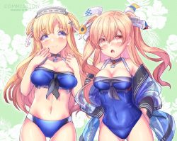 Rule 34 | 2girls, alternate costume, arms up, bikini, black sailor collar, blonde hair, blue bikini, blue eyes, breasts, brown eyes, choker, cleavage, covered navel, double bun, fletcher (kancolle), floral background, gloves, hair between eyes, hair bun, hairband, ittokyu, jacket, johnston (kancolle), kantai collection, large breasts, light brown hair, long hair, looking at viewer, medium breasts, multiple girls, neckerchief, off shoulder, one-piece swimsuit, open mouth, sailor collar, star (symbol), star choker, swimsuit, two side up, underboob
