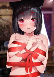 Rule 34 | 1girl, absurdres, animal ears, azur lane, black hair, blurry, blurry background, blush, bound, bound wrists, breasts, cat ears, collarbone, cotton kanzaki, fang, hands up, highres, indoors, looking at viewer, naked ribbon, red eyes, red ribbon, ribbon, shiny skin, short hair, skin fang, skindentation, solo, thick eyebrows, upper body, yamashiro (azur lane)