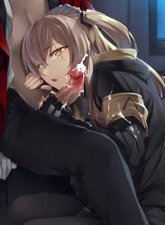 Rule 34 | 1boy, 1girl, armband, black gloves, black pants, black pantyhose, blush, breasts, brown hair, censored, cum, cum on body, cum on upper body, ejaculation, fingerless gloves, girls&#039; frontline, gloved handjob, gloves, griffin &amp; kryuger military uniform, hair between eyes, hair ornament, half-closed eyes, hand on another&#039;s head, handjob, head rest, head tilt, hetero, hood, hood down, hooded jacket, indoors, jacket, long hair, looking at viewer, mosaic censoring, night, one side up, open clothes, open jacket, open mouth, open shirt, pants, pantyhose, penis, pointless censoring, scar, scar across eye, scar on face, shirt, sitting, solo focus, tsuki tokage, ump45 (girls&#039; frontline), white gloves, white shirt, window, yellow eyes