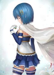 Rule 34 | 10s, 1girl, aki99, blue hair, cape, closed eyes, colored eyelashes, cowboy shot, elbow gloves, fortissimo, gloves, hair ornament, highres, magical girl, mahou shoujo madoka magica, mahou shoujo madoka magica (anime), miki sayaka, musical note, musical note hair ornament, short hair, solo, soul gem, thighhighs