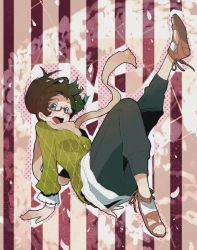 Rule 34 | 1girl, brown hair, carlos toshiki, face, falling, female focus, glasses, green eyes, love &amp; smile, open mouth, original, ponytail, sandals, scarf, sitting, smile, solo