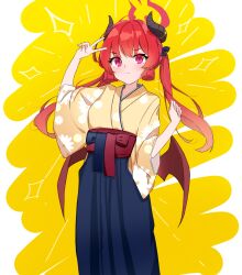Rule 34 | 1girl, blue archive, blunt tresses, blush, gradient hair, hakama, hakama skirt, halo, hand up, highres, horns, japanese clothes, junko (blue archive), kimono, long hair, long sleeves, low wings, multicolored hair, obi, pink eyes, red hair, sash, shangshuiliutongtai (user rmpd4533), skirt, slit pupils, solo, twintails, v, very long hair, wide sleeves, wings
