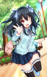 Rule 34 | &gt;;), &gt;;d, 10s, 1girl, ;d, alternate costume, black hair, blush, casual, day, dutch angle, ex idol, female focus, frilled skirt, frills, highres, long hair, looking at viewer, neptune (series), one eye closed, open mouth, outdoors, red eyes, skirt, smile, solo, thighhighs, thighs, uni (neptunia), v-shaped eyebrows