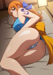 Rule 34 | 1girl, alternate costume, ass, blue dress, blue panties, blush, bow, breasts, closed mouth, dress, hair bow, hara (harayutaka), highres, japanese clothes, large breasts, long hair, looking at viewer, looking back, lying, nami (one piece), nami (one piece) (wano), official alternate costume, on side, one piece, orange eyes, orange hair, panties, ponytail, sash, shoulder tattoo, sidelocks, smile, tattoo, thighs, underwear, very long hair, white panties, wide hips