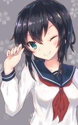 Rule 34 | 1girl, ;), black hair, blush, breasts, cherry blossoms, closed mouth, fino, floral background, green eyes, grey background, hair between eyes, hand up, highres, long sleeves, looking to the side, medium breasts, neckerchief, one eye closed, original, red neckerchief, school uniform, serafuku, short hair with long locks, smile, solo, upper body