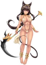 Rule 34 | 1girl, animal ears, anklet, armlet, barefoot, black hair, blush, bracelet, breasts, cameltoe, cat ears, cat tail, cleavage, covered erect nipples, dark-skinned female, dark skin, egyptian, full body, jewelry, large breasts, long hair, looking at viewer, lots of jewelry, navel, oni-noboru, original, purple eyes, scythe, simple background, slingshot swimsuit, smile, solo, swimsuit, tail, thigh strap, white background