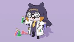 Rule 34 | 1girl, 3d, :d, black footwear, blunt bangs, chibi, coat, coke-bottle glasses, erlenmeyer flask, flask, full body, glasses, hands up, highres, holding, hololive, hololive english, lab coat, long hair, necktie, ninomae ina&#039;nis, ninomae ina'nis, open clothes, open coat, open mouth, outstretched arms, purple background, purple hair, purple shirt, scientist, seafoamboy, shirt, simple background, smile, smol ina, standing, tentacles, very long hair, vial, virtual youtuber, walfie (style), white coat, yellow neckwear